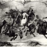 نقاشی قدیمی درباره جنگ آخر الزمان در مکاشفه یوحنا. تعدادی سوار کار با شمشیر در دست که با یکدیگر می جنگند