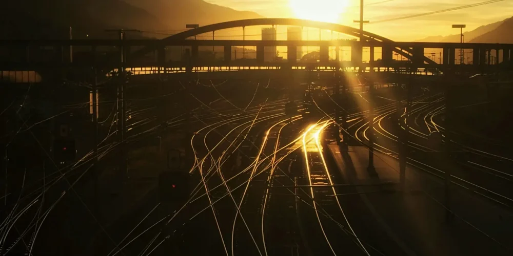 تصویر غروب که روی پل بزرگ و ریل های راه آهن و کوه سایه انداخته است.