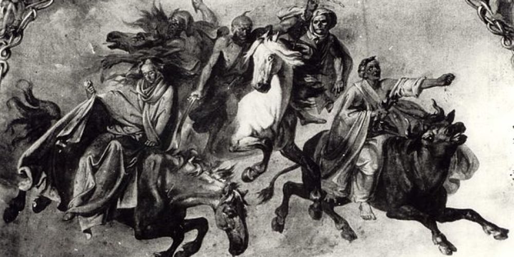 نقاشی قدیمی درباره جنگ آخر الزمان در مکاشفه یوحنا. تعدادی سوار کار با شمشیر در دست که با یکدیگر می جنگند